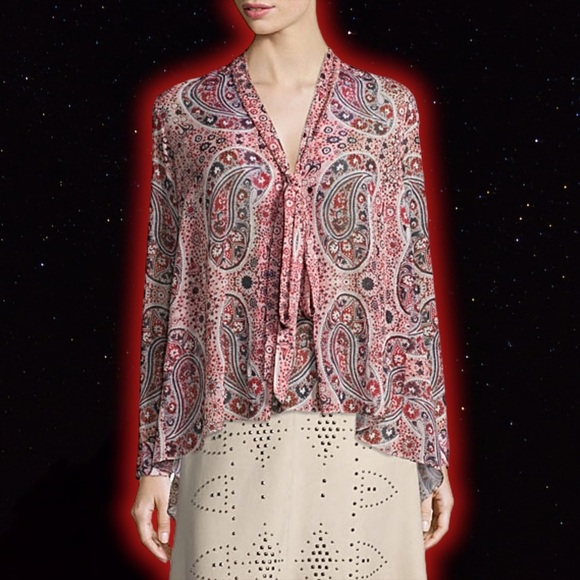 Alice + Olivia ‘Anabel’ Multicolor Burgundy Bohemian Paisley Pussybow Top Size S - Picture 1 of 16